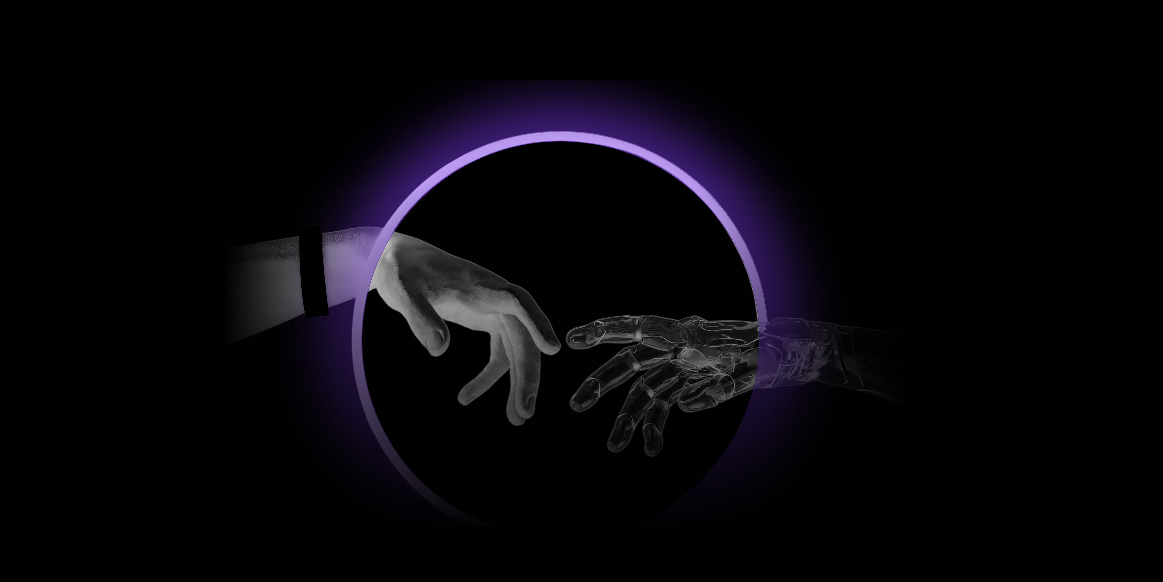Human and machine hands connecting through a purple signal ring